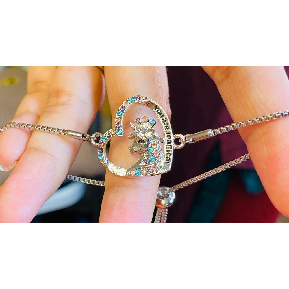 Silver Tone You Are Magical Unicorn Heart Bolo Bracelet Multi Color Rhinestone